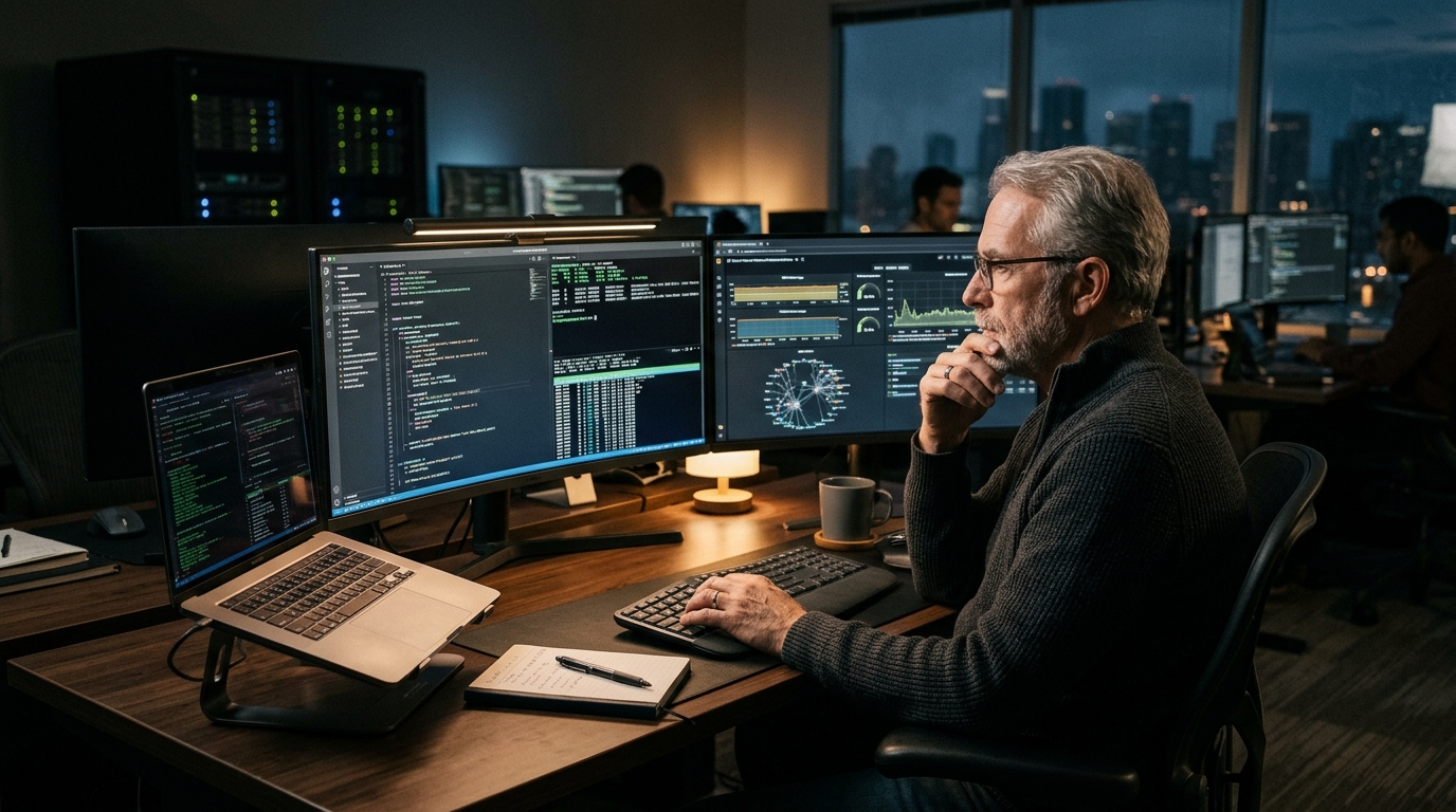 Senior software engineer analyzing distributed code and metrics on multi-monitor workstation