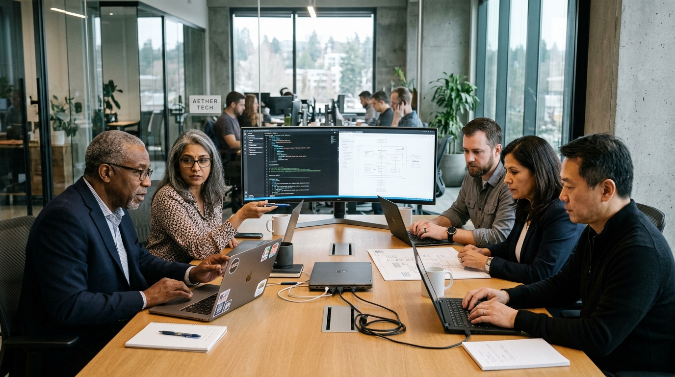 Senior software architects and distributed systems engineers reviewing production telemetry and code in an enterprise tech studio